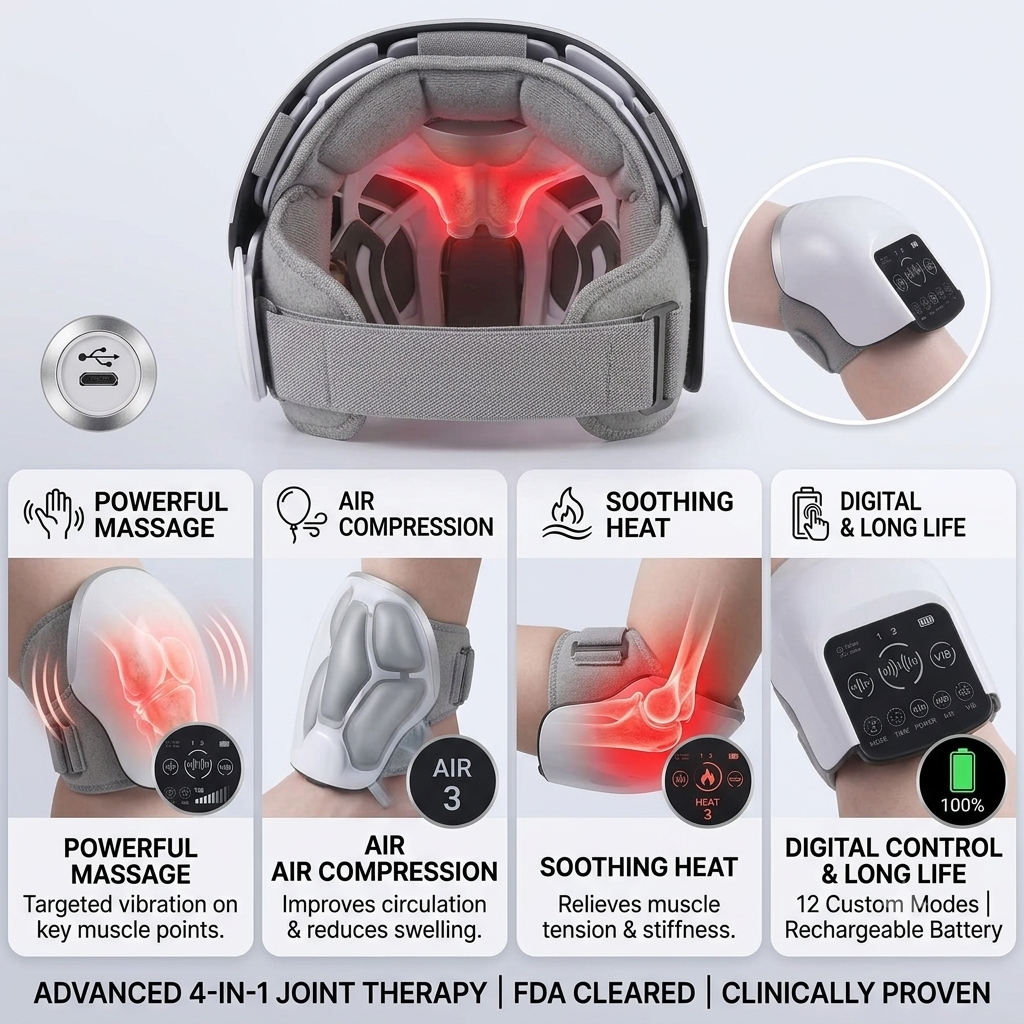 Knee Massager with Heat, Cordless Heated Knee Massage for Pain Relief with 3 Heating Levels